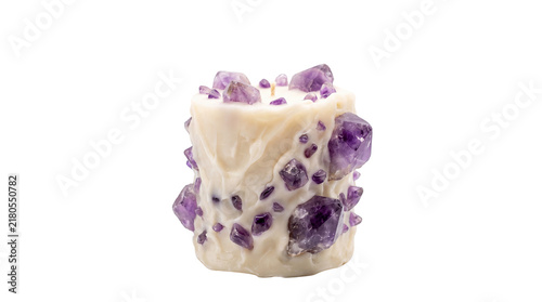 Amethyst crystal candle with purple gemstones, handmade soy wax candle for meditation, decorative spiritual healing candle isolated PNG with Transparent Background