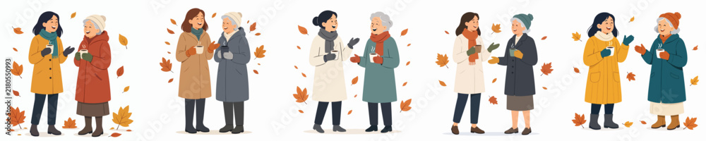 Obraz premium Flat vector illustration of a woman and grandma standing and chatting outdoors in autumn, accompanied by warm coffee