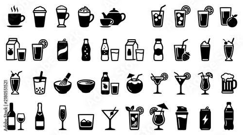 Black Cafe and Refreshment Drinks Icon Set with Hot Cold Fruit and Alcoholic Beverages