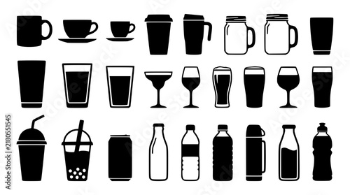 Black Beverage Cups Bottles and Glasses Vector Set for Cafe Restaurant and Refreshment Design