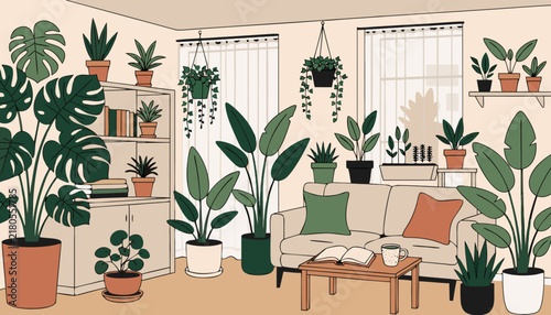 Plant-Filled Living Room with Sofa and Hanging Planters, Flat Vector Calming Urban Jungle Interior Illustration