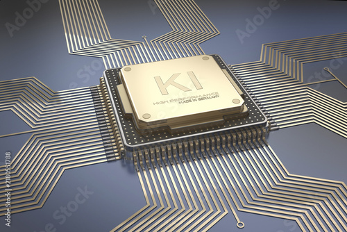 3d KI leistungsstarker Microchip Gold made in Germany, schwarz und Gold mit vergoldeten Leiterbahnen auf Platine mit dunklen Hintergrund . 3D Illustration	