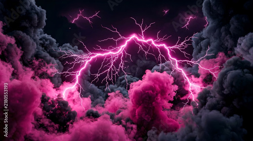 Vivid pink lightning arcs through dark clouds, illuminating the storm with surreal energy and dramatic contrast in a fantasy-inspired sky