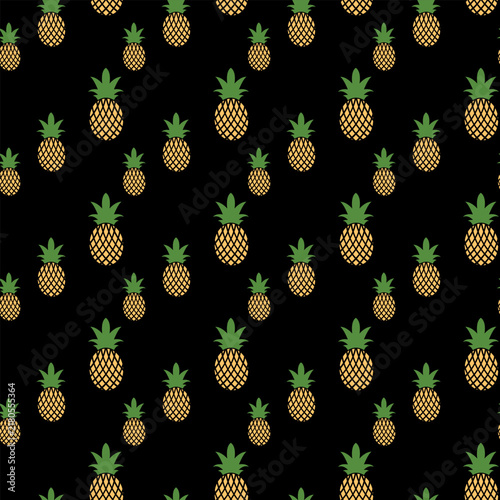 Minimalist pineapple pattern with yellow fruit on black background. Seamless pattern