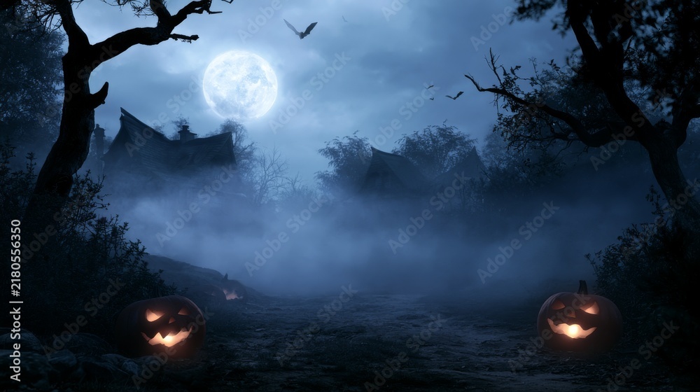 Fototapeta premium Halloween night with jack-o-lanterns under full moon