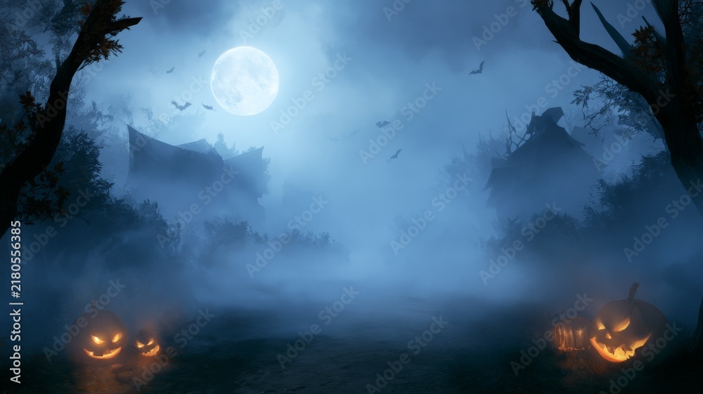 Obraz premium Spooky Halloween Night with Fog and Full Moon