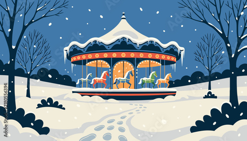 Snow-Covered Vintage Carousel in Winter Park, Flat Vector Whimsical Sleeping Summer Attraction Illustration