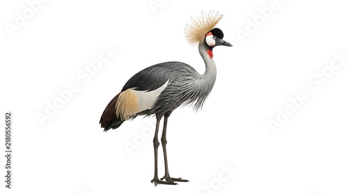 Beautiful grey crowned crane bird with a golden crest standing and looking to the side in a profile view