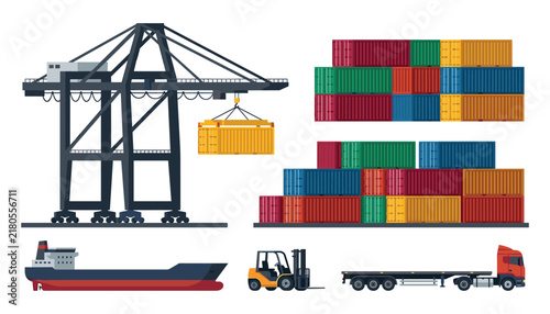 Cargo Port Logistics and Global Shipping Vector Illustration Set with Industrial Crane Stacking Multicolored Containers Freight Ship Forklift and Delivery Truck