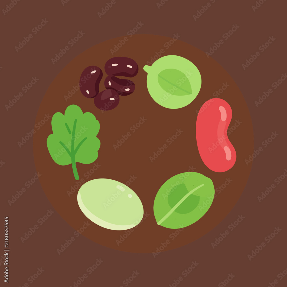 Fototapeta premium Flat vector illustration of various organic legumes and vegetable leaves on a dark brown background, featuring kidney beans, green beans, and fresh leafy greens for healthy food concept