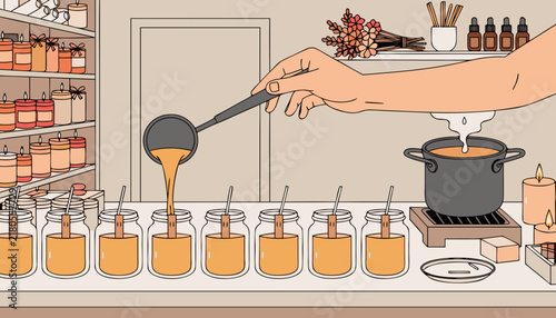 Candle Making Workshop Hands Pouring Wax into Jars, Flat Vector Artisan Cozy Craft Illustration