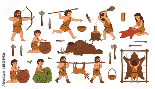 Obraz na plátně Stone Age Caveman Vector Character Set with Primitive Tools Mammoth Hunting Preh