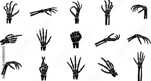 Quadro su tela Collection of black skeletal hand silhouettes displaying various gestures on a w