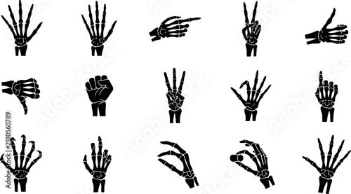 Foto Collection of black silhouette human skeletal hands displaying various gestures
