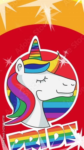 Animation of pride lgbtq text, unicorn and stars falling over rainbow background