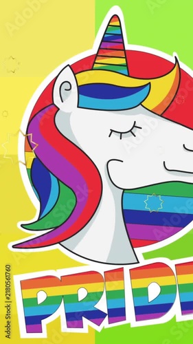 Animation of pride lgbtq text, unicorn and stars falling over rainbow background