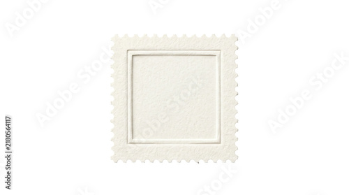 Blank square postage stamp featuring a textured paper surface with embossed edges isolated in a studio setting on transparent background