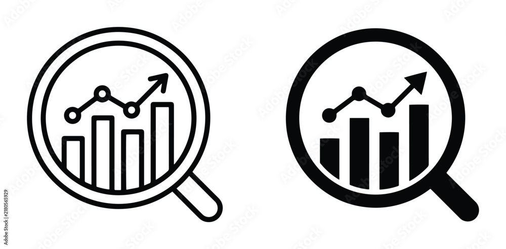 Obraz premium Magnifying Glass Over Growing Bar Chart, Data Analysis Icons, Business Growth