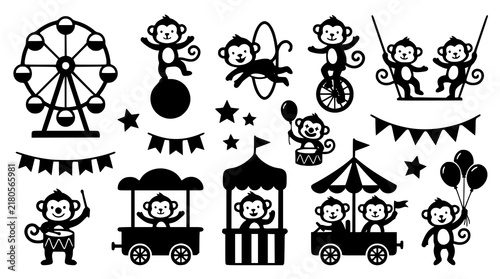 Happy Monkey Carnival Adventure Vector Collection with Circus Games Rides and Festival Elements