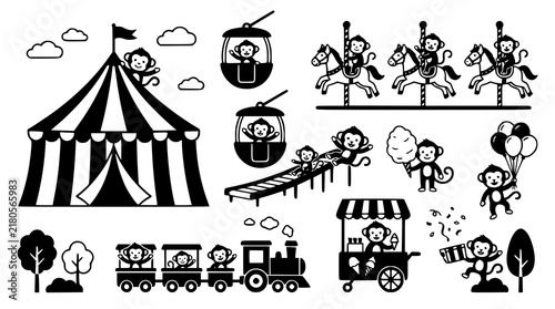 Cartoon Monkey Amusement Park Vector Set with Circus Tent Ferris Wheel Carousel and Fun Rides