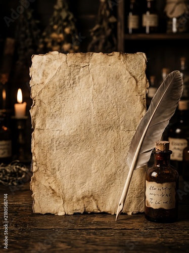 Old parchment paper background with quill pen. Vintage rustic texture for creative writing projects