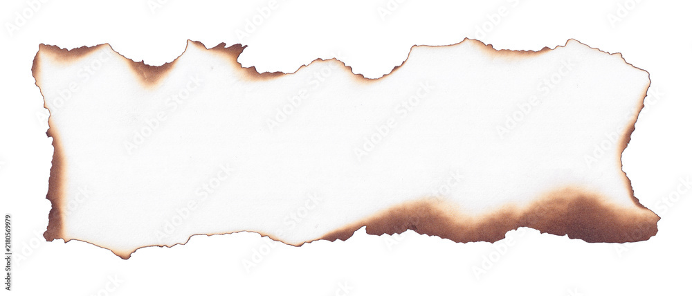 Fototapeta premium Horizontal burnt white paper strip with charred edges isolated on transparent background.