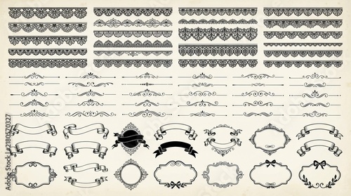 Intricate vintage lace borders and ornate calligraphic dividers paired with elegant decorative ribbons and frames isolated on a soft textured paper background for professional creative design.