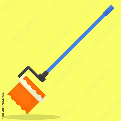 Flat design vector illustration of a paint roller with long extension pole and orange paint stroke, isolated on yellow background.
