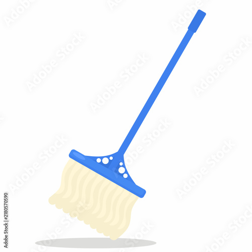 Flat design vector illustration of a floor mop with long blue handle, isolated on white background.
