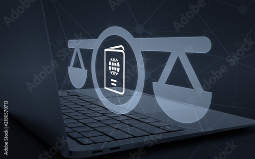 Bild auf Leinwand Digital immigration law concept with a passport icon and scales of justice hovering over a modern laptop computer, symbolizing legal advice for travelers and citizenship