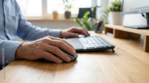 Close-up of person using computer mouse and keyboard at a wooden desk in a bright office space
