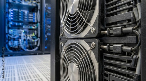 Modern Data Center Server Racks with Cooling Fans and Network Equipment