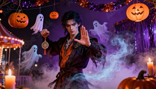 Dark fantasy sorcerer holding occult amulet among ghosts and Halloween decorations at spooky carnival