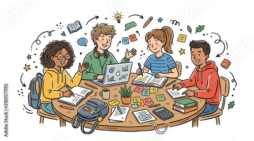 Diverse student group studying together at a table, highlighting collaborative learning.