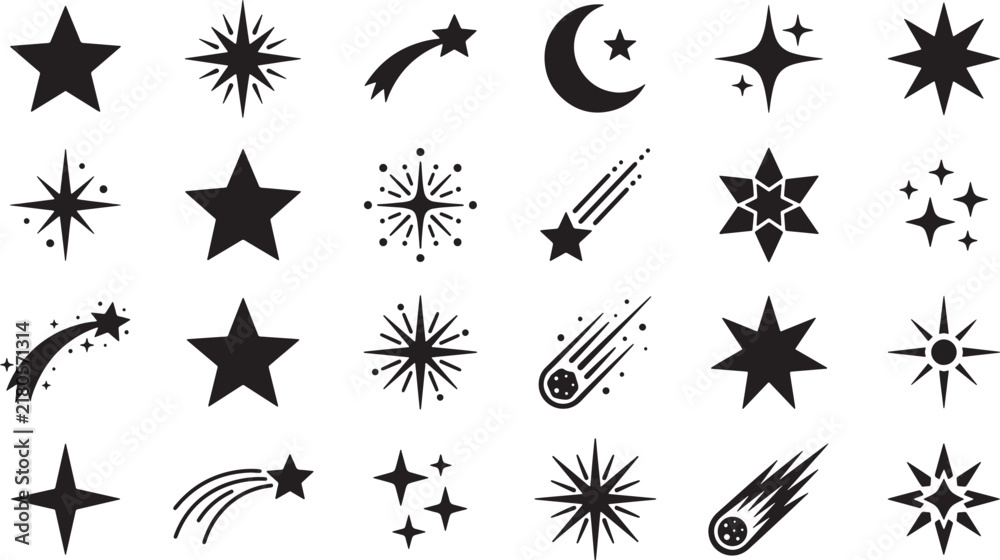 Fototapeta premium Set of black star and comet icons for celestial design elements in a flat vector graphic style