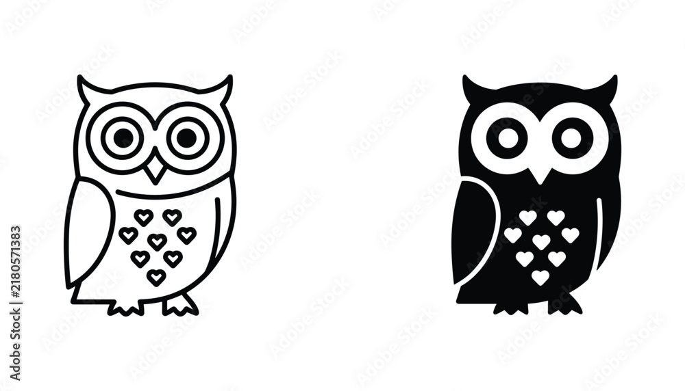 Fototapeta premium Owl vector icon isolated on white Black and white outline line art and solid glyph silhouette