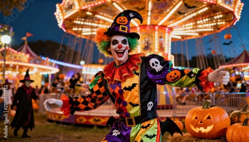 Cheerful Halloween clown in colorful costume posing at illuminated amusement park with jack-o'-lanterns