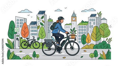 A person rides an electric bicycle through a sustainable green city with solar panels and trees.