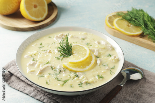 Obraz na płótnie A bowl with traditional Greek lemon soup Avgolemono