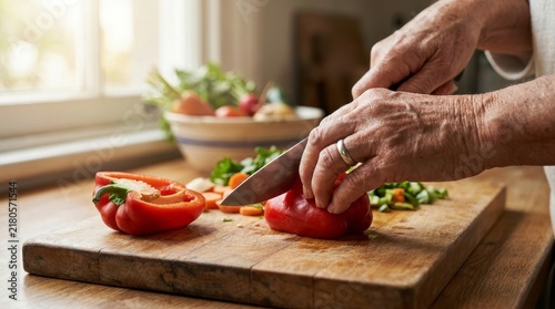 Elderly Person Chopping Fresh Tomatoes on Wooden Cutting Board in Kitchen