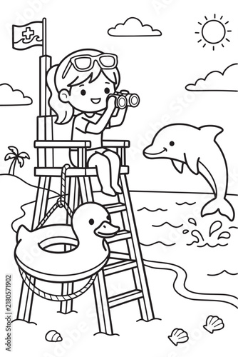Bild auf Leinwand Cute girl lifeguard watching jumping dolphin at beach coloring page for kids