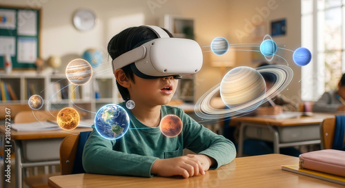 Fototapeta 教室でVRヘッドセットを装着して太陽系の惑星ホログラムを体験する男の子。空間コンピューティングと没入型バーチャル学習による未来の学校教育やエドテックのコンセプト