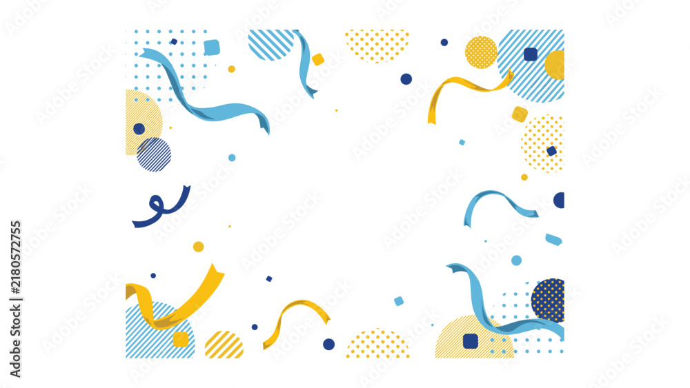 Naklejka premium Festive frame with blue and yellow ribbons, confetti, and geometric patterns of circles, dots, and stripes on a white background