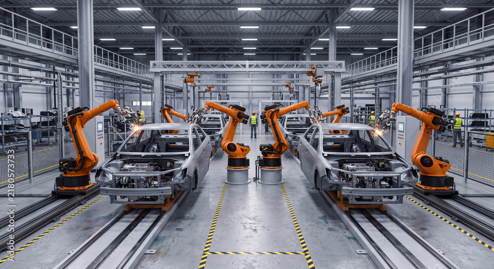 Fototapeta premium Car Factory with Advanced Robot Assembly Line.