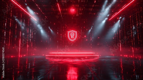 Red neon security shield icon in dark futuristic room with spotlights