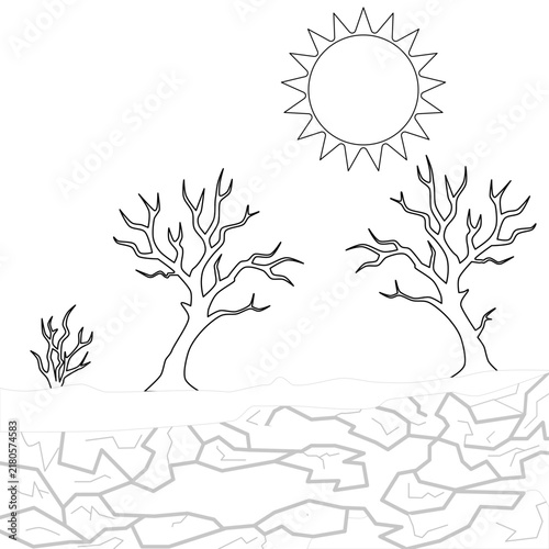 Line art vector icon depicting drought conditions with a dead tree and cracked earth