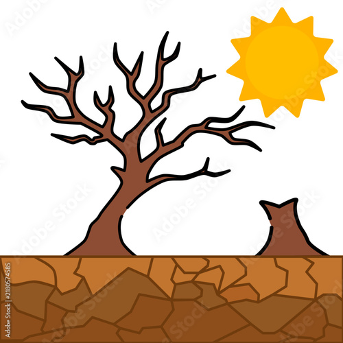 Drought and Climate Change Icon, Dead Tree on Dry, Cracked Land Under a Scorching Sun