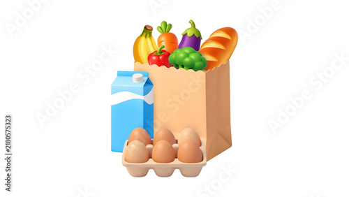 Vibrant 3D Illustration of Fresh Groceries: Paper Bag with Fruits, Vegetables, Milk, Eggs on White
