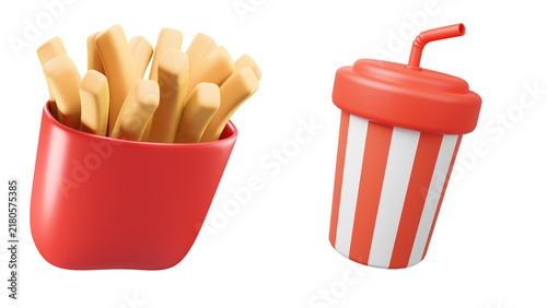 3D Rendered Fast Food Combo: Crispy French Fries and Striped Soda Drink Icon on White