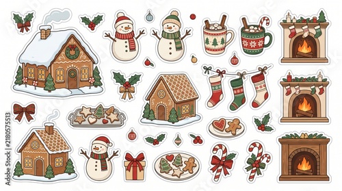 Cozy Christmas sticker set with watercolor gingerbread house, tree, snowman, fireplace, and hot chocolate clipart element bundle.